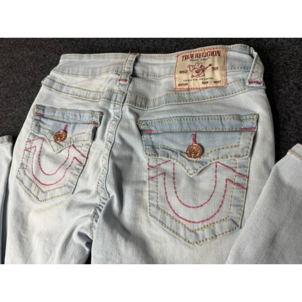 True Religion Joey Mid Rise Flare Jeans Light Wash Pink Stitch Size 26